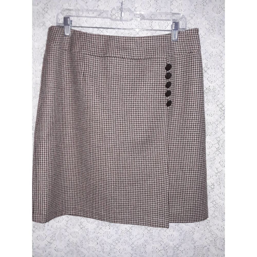 Talbots Petites 14P 100% Wool Brown Houndstooth Plaid Mini Skirt